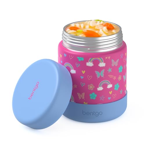 Bentgo Kids Stainless Steel Leak-Proof Food Jar for Hot or Cold Food | 11 fl oz Double Insulated Container with Removable Silicone Bumper, Dishwasher Safe, Easy Open Lid, Ages 3+ (Rainbows) - color: Rainbows and Butterflies