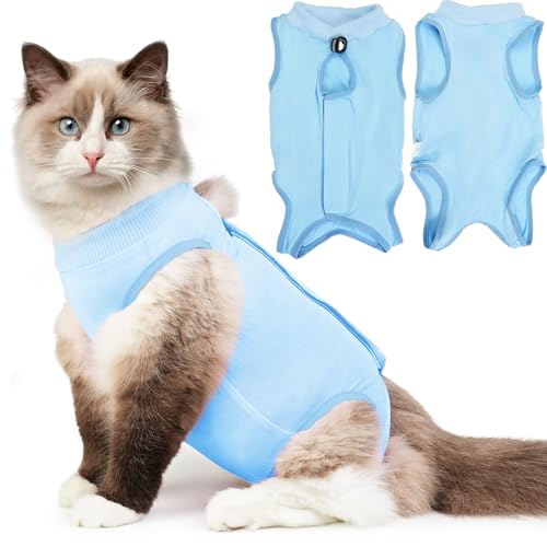 Hpetppy Recovery Suit for Cats After Surgery Soft Breathable Pet Bodysuit E-Collar & Cone Alternative Surgical Suit Kitten Wear Anti Licking Wounds Cat Onesie Cats Neuter Shirt Blue S - color: Blue, size: Small