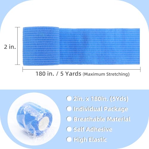 IndigoCase 24 Pack Self Adhesive Bandage Wrap 2 Inch x 5 yd Elastic Tape | Blue Color Elastic Bandage Wrap, Vet Wrap, Small Bandage for Kids, Fingertip, Wrist, Dog, Pets - color: Blue, size: 2 Inch - 24 Pack