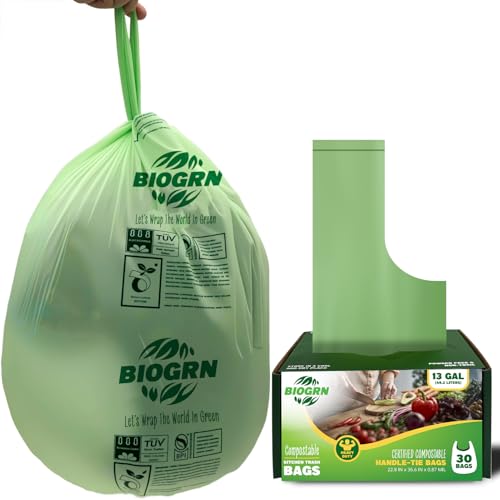 10-13 Gallon Compostable Trash Bags with Handles Tie 30 Bags Biodegradable Garbage Bags Food Scrap Green Waste Bags Thick 0.87 Mil 49.21 Liter ASTM D6400, US BPI and OK Compost Home Certified - color: 13 Gallon Handle Tie, 30 Count