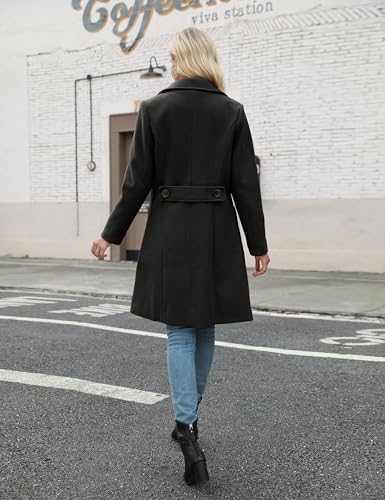 Women Winter Wool Blend Camel Mid-Long Coat Notch Double-Breasted Lapel Jacket Outwear - color: Black, size: X-Large