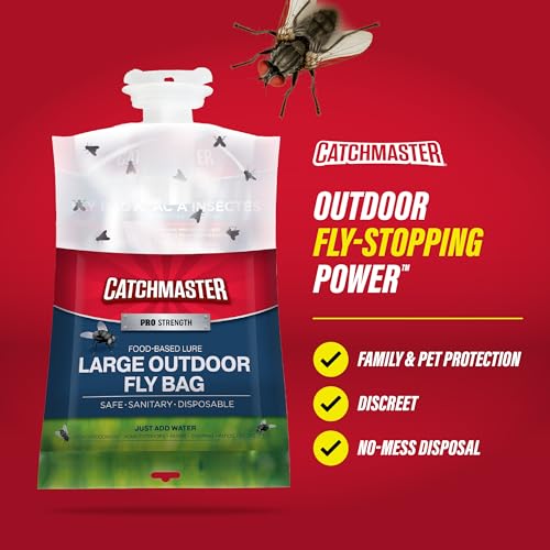 Catchmaster Disposable Outdoor Fly Trap, 2 Hanging Bags with Bait | Catches house, bottle & blowflies, Holds up to 30,000 flies, Food-based lure, no spray needed, For backyards, patios & decks