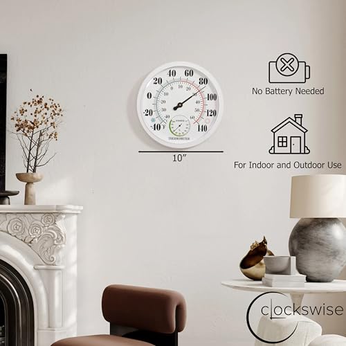 Clockswise 10" Outdoor Indoor Wall Thermometer and Hygrometer Combo Temperature & Humidity Gauge with Fahrenheit & Celsius Scale Decorative Weather Monitor for Home Garden Greenhouse or Office, White