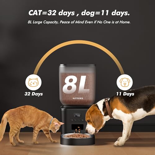 Automatic Dog Feeder - 8L/34 Cups Large Capacity Automatic Cat Food Dispenser with LCD Screen, Large Food Tray, Battery Operated, Timed Cat Feeder, Up to 50 Portions 6 Meals Per Day, Keeps Fresh - color: Matte Black