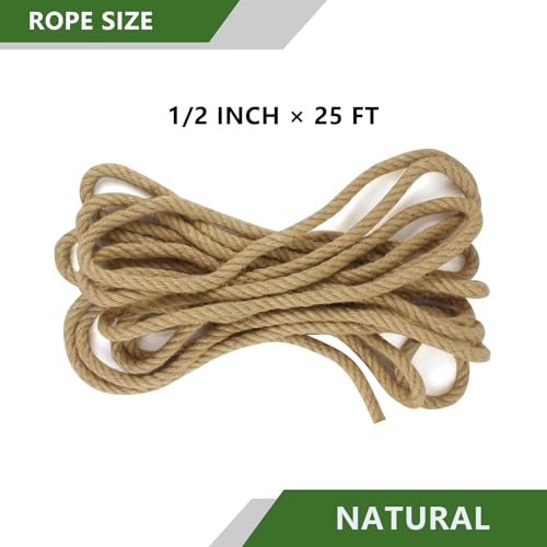 1/2 Inch x 25 Feet Natural Jute Rope, 13mm Jute Twine Hemp Rope, Twisted Manila Hemp Ropes for Craft Projects, Gardening, Indoor and Outdoor Use, Home Decorating, DIY - size: 1/2inch x 25feet