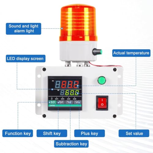 JIAWANSHUN High Precision Industrial Temperature Alarm, -326.2°F-1202°F ±0.18°F, Dual Limit Alarm with Self-Calibration, Audio Visual Alert for Hatchery, Greenhouse, Farm & Fish Pond
