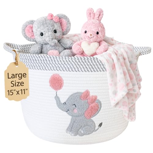 Elephant Baby Storage Basket for Girls, Cotton Rope Nursery Bin, 15x11 in | Stuffed Animal and Blanket Storage, Soft Felt Elephant Patch, Pink Baby Room Decor, Shower Gift, Kids Playroom Organizer - color: Girl Elephant