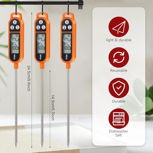 6 Pcs Instant Read Meat Thermometer Long Probe,Orange | Probe Waterproof Digital Thermometer, For Cooking BBQ Water Milk Liquids, Quick Accurate Food Temperature - color: Orange