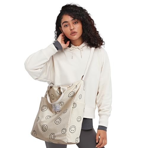 KALIDI Corduroy Tote Bag, Large Slouchy Hobo Messenger Crossbody Bag | Anti Splash Zipper Side Pockets Shoulder Bag Adjustable Strap Lightweight Casual Work Shopping Women - color: White Happy