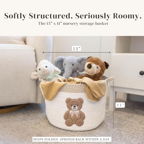 Teddy Bear Baby Storage Basket, Woven Cotton Rope Nursery Bin, 15x11 in | Stuffed Animal and Blanket Storage, Embroidered Bear Patch, Gender Neutral Nursery Decor, Shower Gift, Playroom Organizer - color: Neutral Teddy