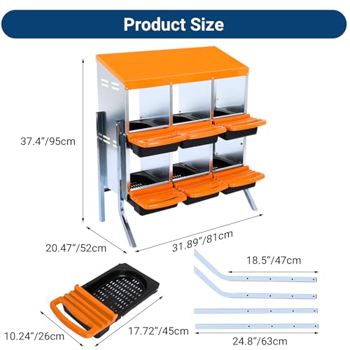 Nesting Boxes for Chickens, 6 Compartments Chicken Nesting Box, Chicken Laying Boxes with Lid Cover, Roll Away Nesting Box for Chickens Laying Egg, with Metal Bracket, Orange
