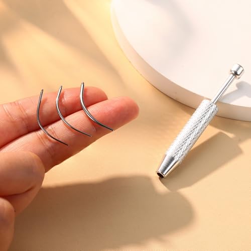 GEMQUEEN Piercing Ball Grabber Tool, 14-20G Taper for Changing Jewelry | Surgical Steel Flat Back Earrings Threader Tool Insertion Pin, Body Piercing Kit for Ear Rook Conch Nose Lip Jewelry Removal - style: Curved External Thread(14G 16G 18G) +Ball Grabbe