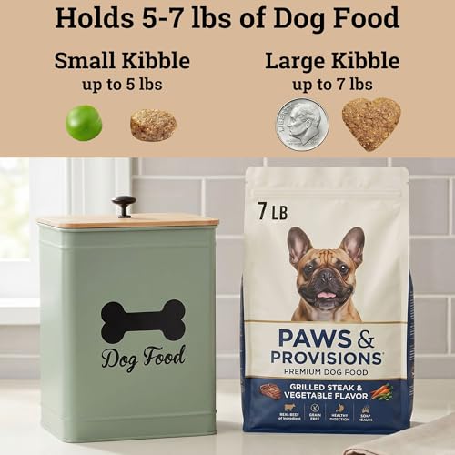 Metal Dog Food Container 5-7lb, 25 Cup w/ Airtight Bamboo Lid, Metal Handle | Pet Jar For Dogs up to 50lbs, Airtight Bamboo Lid, Sturdy Comfortable Metal Handle, Powder Coated Iron, Kibble Storage Bin - color: Sage Green: Bone