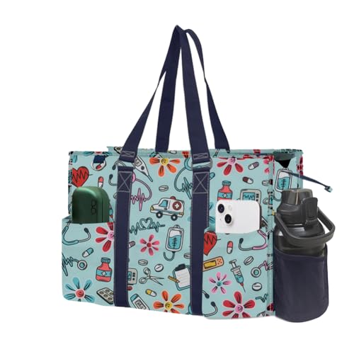 NGIL Utility Water Resistant Tote Bag | Work Tote for Women, Nurse Bag, Teacher's Choice Purse, Gym Bag, Everyday Organizer Top Zipper Closure - color: Groovy Nurse- Navy