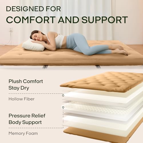 ZonLi Japanese Floor Futon Mattress 100% Cotton Cover Foldable Portable | 80" x 60" Queen Size 2.5" Thick Tatami Mat Sleeping Pad, Roll Up Floor Lounger Bed for Guest, Dormitory, Camping & Travel - color: Burro, size: Queen(80"L x 60"W x 2.5"Th)