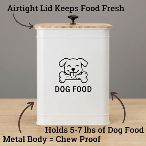Metal Dog Food Container 5-7lb, 25 Cup w/ Airtight Bamboo Lid, Metal Handle | Pet Jar For Dogs up to 50lbs, Airtight Bamboo Lid, Sturdy Comfortable Metal Handle, Powder Coated Iron, Kibble Storage Bin - color: White: Dog Face