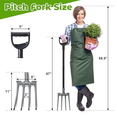 Pitch Fork, Metal Broadfork Garden Tool Long Handle, 4 Tine Mulch Hay Manure Digging Bedding Hay Potato Garden Fork Shovel for Gardening Loosening Soil Compost - size: 45"