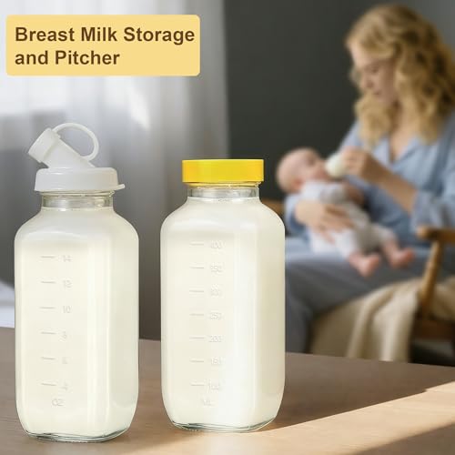 16 oz Glass Milk Bottles with Pour Dispenser, Reusable Juice Bottles with Airtight Lid for Fridge, Glass Pitchers with Scale, Gift for a New Mother - size: 4 pack