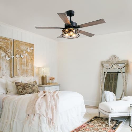 Farmhouse Ceiling Fan with Lights 52 Inch Caged | Bubble glass shade farmhouse fandelier with walnut blades, quiet DC motor, remote, 6 speeds, timer for stylish living spaces - size: 52 Inch - Walnut