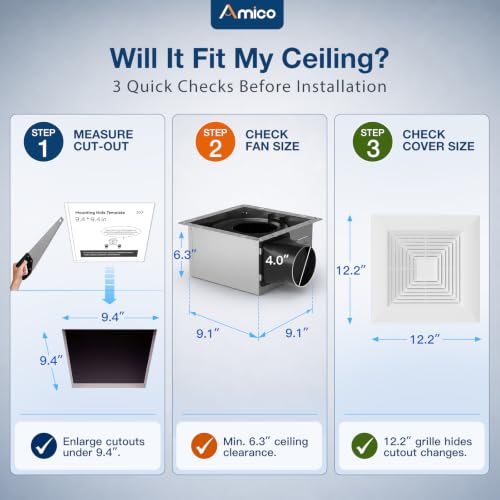 Amico Bathroom Exhaust Fan, 110 CFM, 0.9 Sones, ETL & FCC Certified | Ceiling Opening 9.4‘’ x 9.4'', Easy & Quiet Bathroom Fan, No Attic Access Needed, Ceiling Retrofit Ventilation Fans - size: 10 Inch
