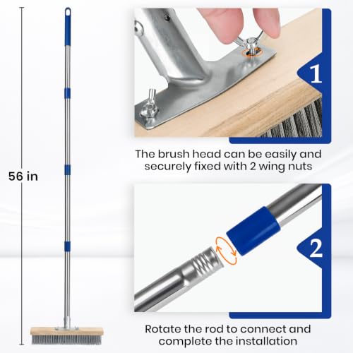 Stainless Steel Deck Scrub Brush, Outdoor Broom for Concrete, Deck, Cement Floor Cleaning, 56" Long Handled Heavy Duty Floor Scrubber