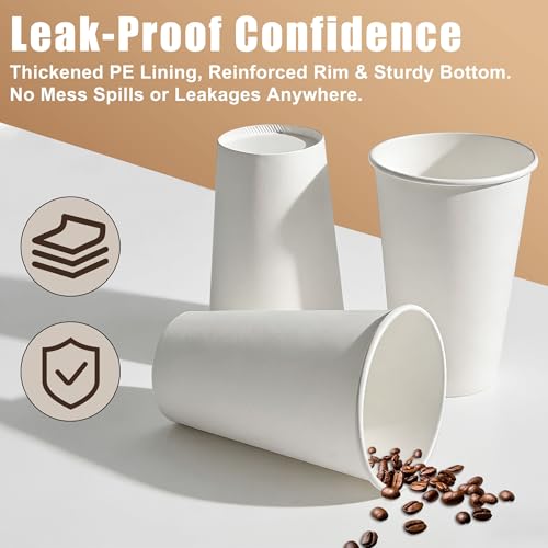 Zcaukya White Paper Cups, 16 oz, 200 Pack | Leak Resistant, Disposable Hot & Cold Drink Cups, PE Lining, Thickened Strong