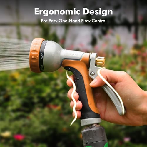 RESTMO Garden Hose Nozzle Heavy Duty, Rear Trigger Water Sprayer, Orange | 7 Adjustable Spray Patterns, Durable Metal, Flow Control, Ideal for Plants & Lawns Watering, Cars & Pets Washing - color: Orange