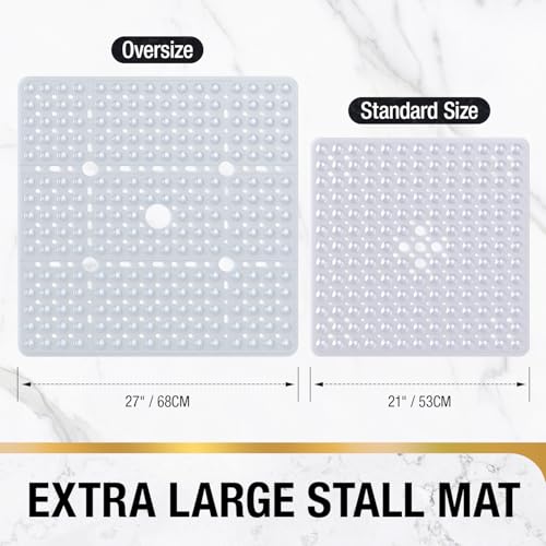 HITSLAM Square Shower Mat 27x27 Inch, Extra Large Non Slip Shower Mats for Inside Shower Stall, Anti Slip Bath Floor Mat with Strong Suction Cups & Drain Holes, Machine Washable, Clear - color: Clear