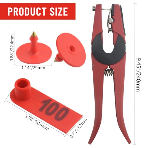 WMYCONGCONG 1-100 Number Plastic Livestock Ear Tag Animal Tag and 1 PCS Ear Tag Applicator for Goat Sheep (Red)