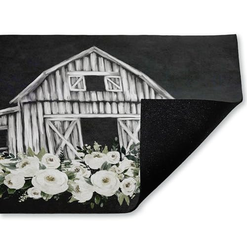Stupell Industries Rustic Barn with White Roses, 30 x 18 | Outdoor Door Mat, Durable Non-Slip Woven Natural Texture, Recycled Rubber Backing | by Lettered and Lined