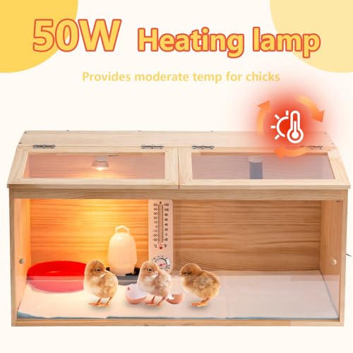 Large Wooden Chicken Brooder Box with Bulb Set and Thermometer - Brooder Box for Chicks Indoor Accommodates Up to 12 Chicks - Ideal for Chickens, Ducks, Quails, Hamsters, and Lizards（32x16x16 Inches）