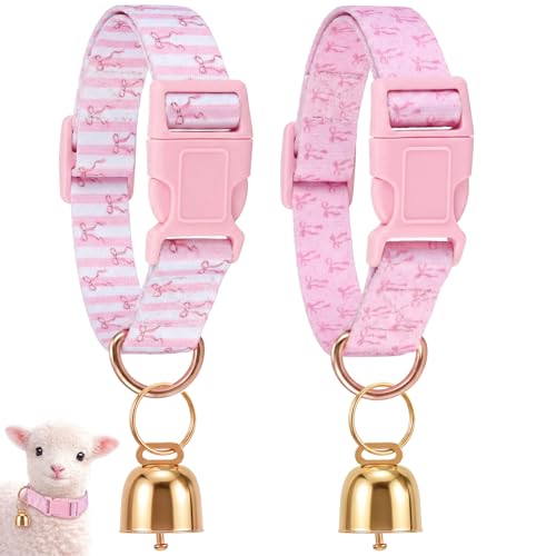 2 Pack Goat Collars with Bells Pink Bow Pattern Cute Sheep Grazing Copper Bells and Adjustable Nylon Collar Set Loud Bronze Bell Small Farm Animal Sheep Cow Accessories Supplies - style: Bow