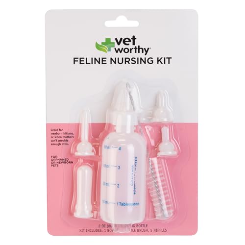 Vet Worthy 7-piece Feline Nursing Kit – 2oz Bottle, 5 Nipples, & Brush | Reusable Newborn Kitten Feeding Bottle – Easy-to-Clean Graduated Nursing Feeder