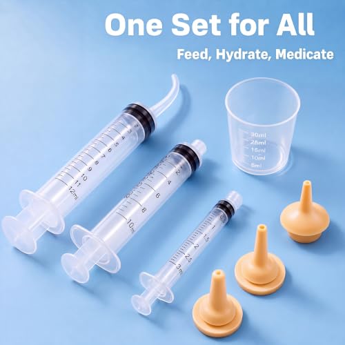 Silicone Feeding Nipple and Syringes for Newborn Kittens, Puppies, Small Animals,3 Size Nipple+3ML/10ML /12ML Feeding Syringe