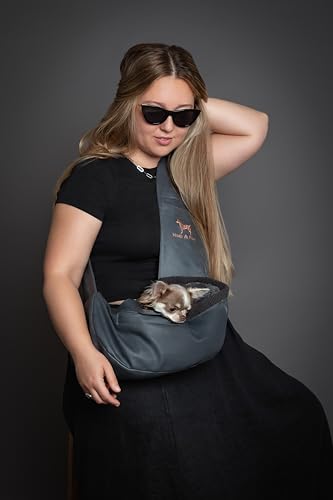 Noah & Paw Dog Sling Carrier for Small Dogs 3-10lb, Dog Sling for Small Dogs and Cats, Dog Carrier with Adjustable Padded Strap, Vegan Leather Lined with Fur, 3X Safety Features, Machine Washable - color: Charcoal, size: 15.0"L x 6.0"W x 5.5"H