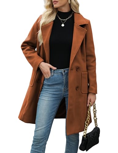 Women Winter Wool Blend Camel Mid-Long Coat Notch Double-Breasted Lapel Jacket Outwear - color: Brown, size: Medium
