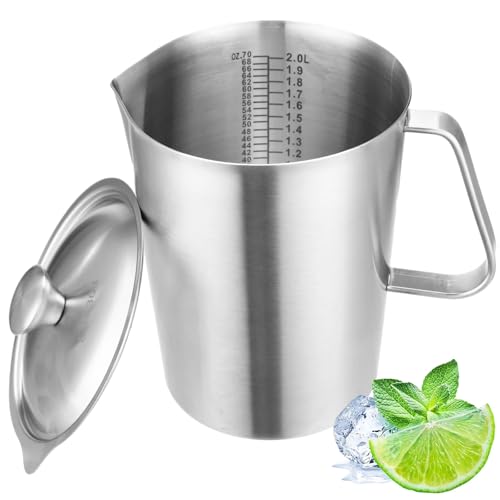 Stainless Steel Pitcher with Lid, 2 L/70 oz Measuring Cup with Dual-Scale Markings, Milk Frothing Jug, Large Beaker for Espresso Machine, Hot/Cold Water, Latte Art, Iced Tea, Coffee Drinks