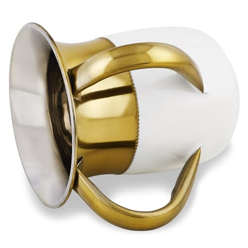 Zion Judaica Shabbat Exquisite Netilat Yadayim Cup 5" Durable Rustless Hand Washcup Lightweight 2 Tone White Enamel and Gold Brushed Metal Beautiful Passover Dual Handle Washing Cup Pesach Seder Decor