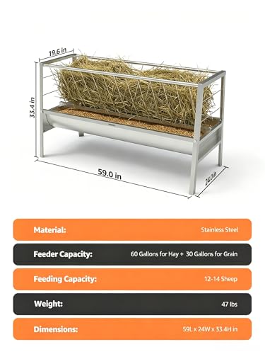 59" L Goat Hay Feeder 90 Gallon Large Capacity, Stainless Steel 2-in-1 Hay & Grain Feeder for Goats, Sheep, Horses | Freestanding Outdoor Farm Livestock Feeder, Easy Assembly