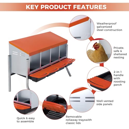Galvanized Steel Chicken Nesting Box 4 Compartment with Pull Out Tray, Roll Away Nest Boxes for Laying Hens Egg Collection, Wall Mount Poultry Nest Box for Coop with Handle, Orange, with Legs - color: Orange, size: 4 Compartments with Support Legs