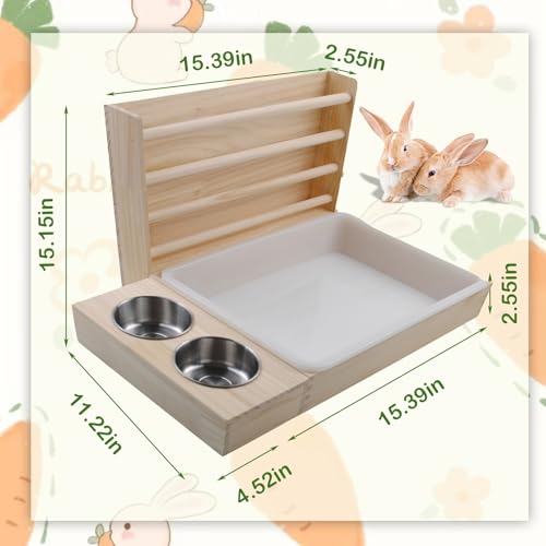 Rabbit Hay Feeder with Litter Box, 3 in 1 Wooden Bunny Feeder, Small Animal Hay Holder Rack for Rabbit, Guinea Pig, Hamster, Ferrets