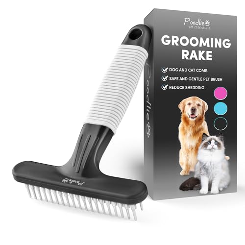 Poodle Pet Dog Grooming Rake | Dematting Tool with Stainless Steel Shedding Comb for Pets | 2 Rows of Pins Gently Remove Loose or Tangled Hair from Undercoat (Black) - color: Black