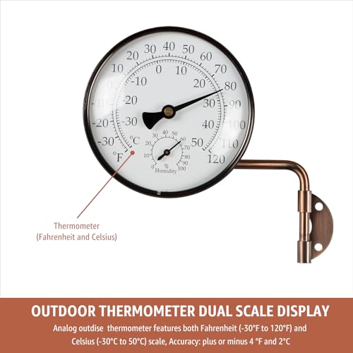 4" Brass Analog Outdoor Thermometer & Humidity Gauge, Vintage Decor | Easy Install, Battery-Free, Window Readable for Patio Garden Garage Greenhouse - color: 4 INCH