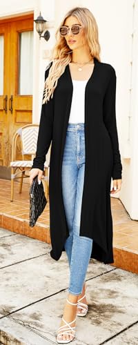 Newchoice Womens Long Cardigan Lightweight Long Sleeve Cardigan Duster | Casual Flowy Draped Classic High Low Hem Open Front Cardigan Sweater with Pockets Summer Fall Fashion Outfits - color: 01black, size: X-Large