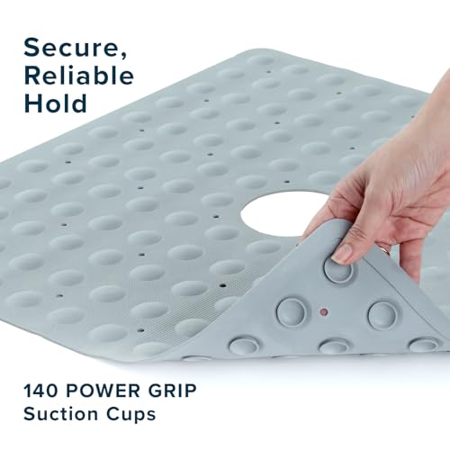 SlipX Solutions 21"x21" Mildew Resistant Non Slip Shower Stall Mat, Gray | Soft Durable Rubber Underfoot, Anti Mold, 140 Power Grip Suction Cups, Center Drain Hole - color: Gray