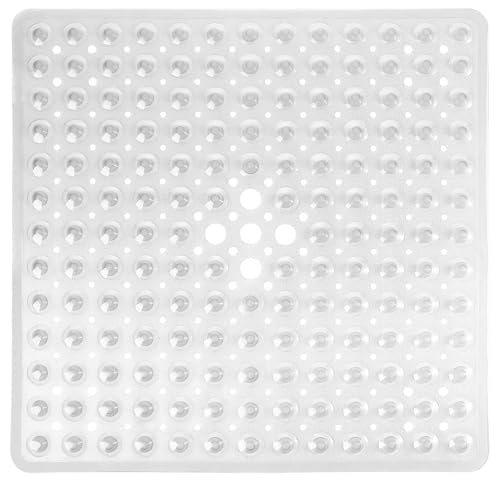 ADOV Square Shower Mat Non Slip, 21 x 21 in Bathtub Mat with 164 Strong Suction Cups, Drain Holes, Machine Washable, Soft Anti-Slip Bathroom Mat for Inside Shower, Tub and Shower Stall - Clear - color: White