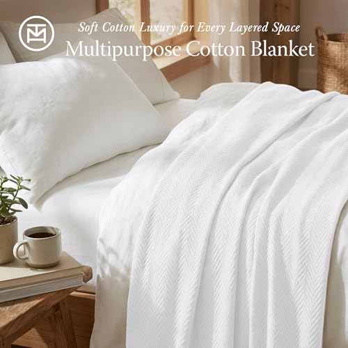 Threadmill Luxury 100% Cotton King Herringbone Blanket, Bright White | All-Season Thermal Blanket, Soft & Breathable, Cozy Moisture-Wicking, OEKO-TEX Certified, Machine Washable, 106x92 in - color: Bright White, size: King (106" x 92")