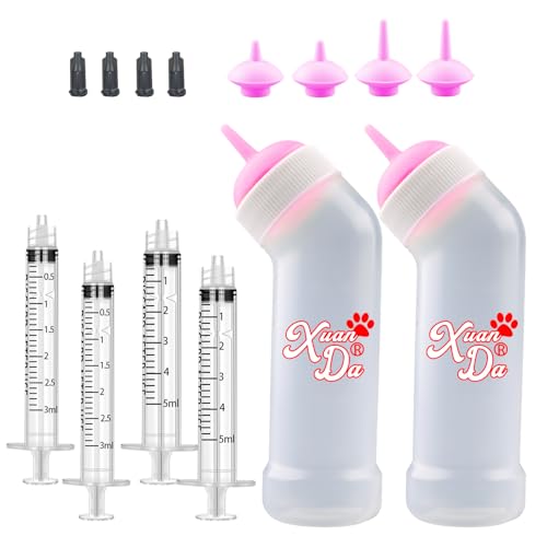Kitten Nursing Nipple with Syringe, Wide Mouth Angled Puppy Feeding Bottles, with Ventilation Valve Resistant Tearing for Puppies, Kittens, Rabbit, Small Wildlife (M Nipple,Pink) - color: Pink, size: Model 2