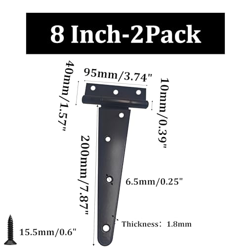 2PCS 8" Heavy Duty T-Strap Hinges, Black Rustic Iron Hinge, Rustproof Gate Tee Hinges for Outdoor Sheds, Barn Doors & Wood Fences-Thickness 2.2mm - size: 8 Inch