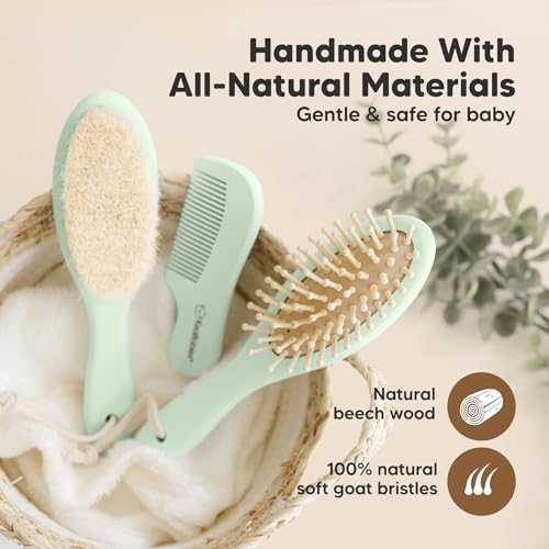 Wooden Baby Hair Brush Set for Newborns, Toddler Comb (Sage, Regular) | Soft Goat Bristle, Baby Brush and Comb Set, Infant Grooming Kit, Cradle Cap Care, Durable & Gentle, Boy, Girl Bath Essential - color: Sage, size: Oval, Regular 7"